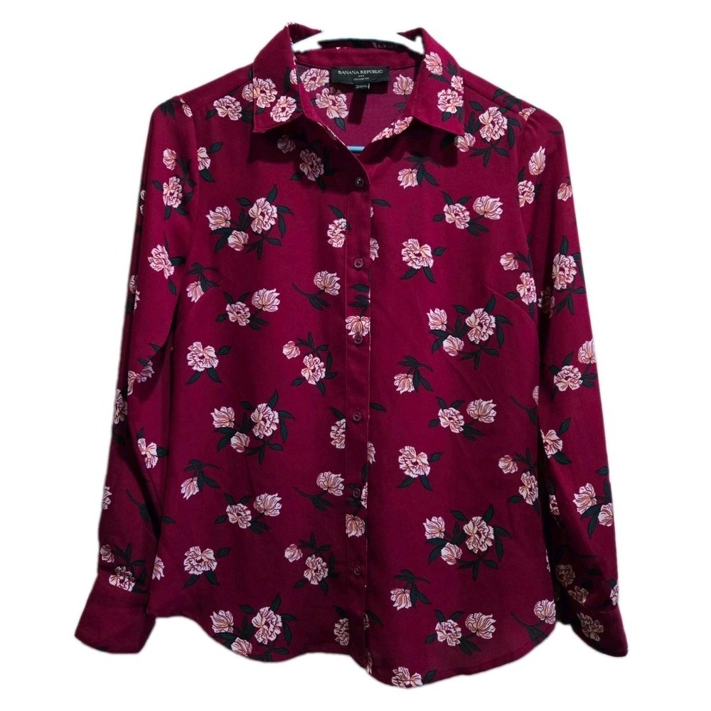 Banana Republic 2XS Burgundy Floral Collared Button Blouse Classic Fit Poly